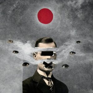 Crying Ivy album cover featuring a surreal image of a man with a respirator mask and multiple eyes,.